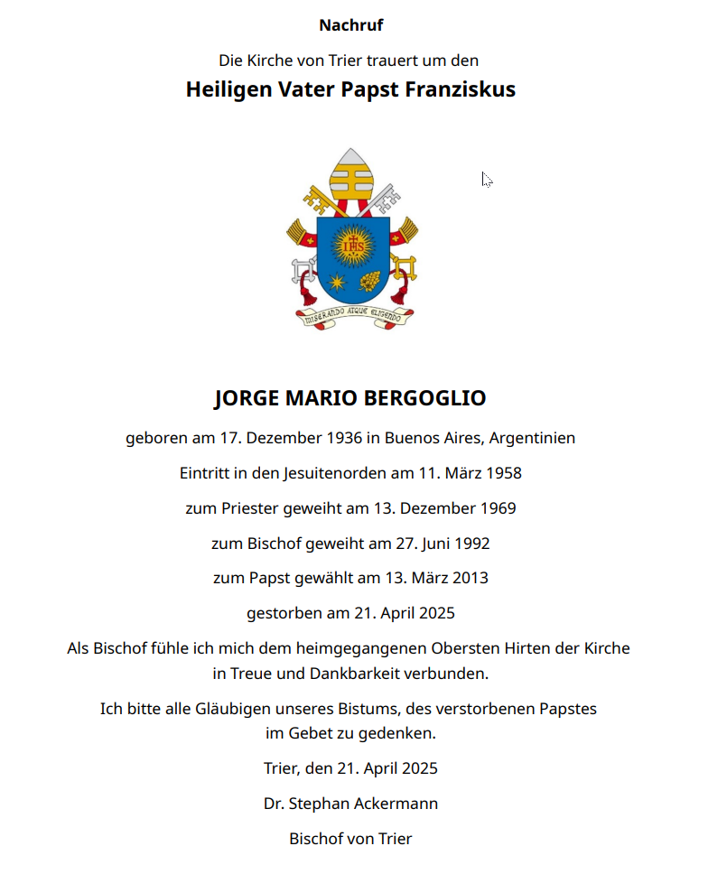 Nachrufanzeige zum Tod von Papst Franziskus
